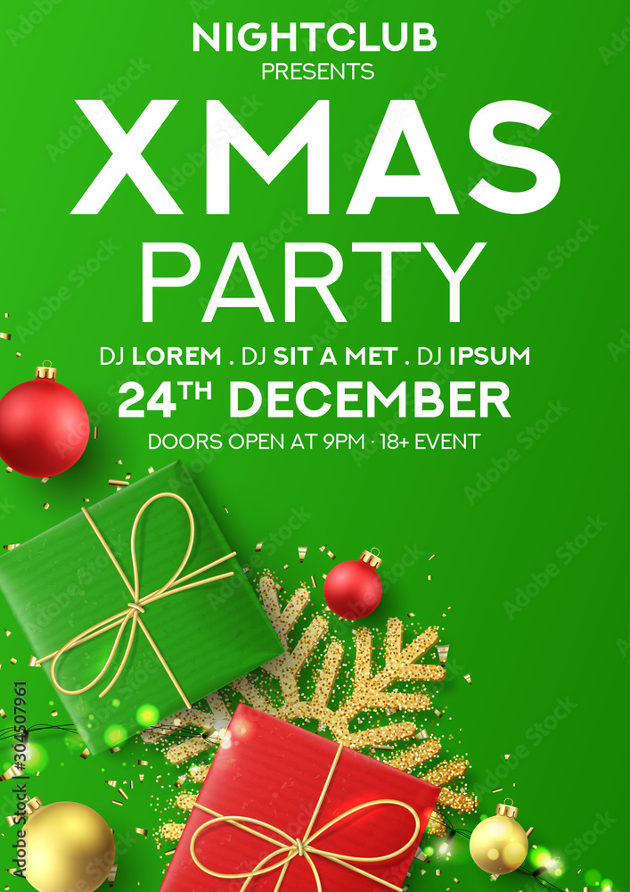 Wall mural xmas party poster template. holiday background with realistic red and green gift boxes, garland, chr