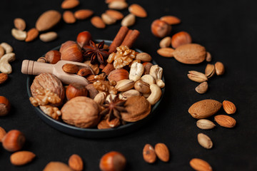 ifferent kinds on nuts and spices. Natural organic products for healthy lifestyle. Vegetarian food concept.  Raw almond, cachou, walnut, hazelnut, pistachio. Black background, closeup