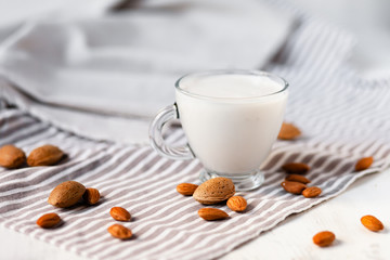 Fresh organic vegan almond milk. Alternative source of protein for vegetarians. Raw almonds, peeled and unpeeled to illustrate ingredients. Concept of healthy lifestyle. Closeup, white background.