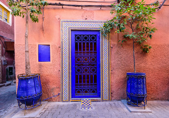 Sightseeing of Morocco. Traditional street in Marrakech medina (old town).