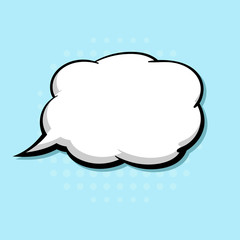 Speech bubble in comic book style. Blank message on blue background. Hand drawn doodle