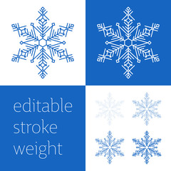 Fototapeta premium Blue snowflake icon - a symbol of winter holidays, Christmas and New year, cold weather and frost - isolated on white background. Elegant vector design element with editable stroke weight.