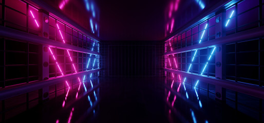 Fototapeta na wymiar Underground Sci Fi Metal Grid Mesh Room Garage Hall Tunnel Corridor Neon Sign Laser Beams Glowing Blue Purple Vibrant Virtual Reality Space Ship 3D Rendering