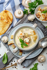 Homemade cream soup with mushrooms and chicken.
