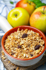 Homemade granola with apples and raisins.