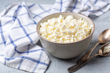 Fresh cottage cheese in a bowl.