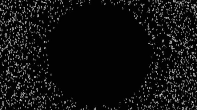 Abstract counting numbers, time and code information on black background. Animation. Many numbers moving fromthe center of the display to all the sides.