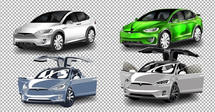 BERLIN - NOVEMBER 09, 2016: Showroom. The full-sized, all-electric, luxury, crossover SUV Tesla Model X. vector illustration on transparent background, racing exclusive car with realistic shadow