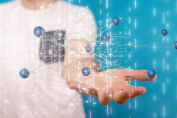 Molecules technology with polygonal shapes on dark blue background.