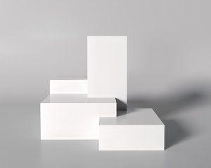 Podium, exhibition cubes pedestal - 3d render illustration. Stand for bend cosmetic products. Geometric boxs figures - architectural composition. Stylish trending advertising base podium.