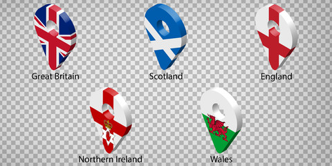 Set Flags of Great Britain, Scotland, Wales, England, Northern Ireland   - with signature.  Set of 3d geolocation signs like national flags of  Great Britain.  Five 3d geolocation signs. EPS10.