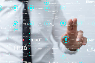 Businessman pressing document icon over computer binary code