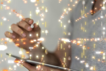 Businessman pressing document icon over computer binary code