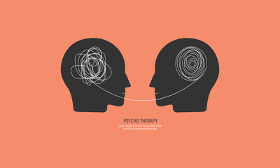 Two humans head silhouette psycho therapy concept. Therapist and patient. Vector illustration