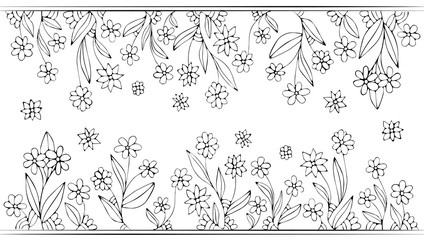 Line drawing border and frame with lines. Floral ornament with leaf on white background. Good for coloring book pages.