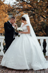 Wedding concept. The groom kisses the bride's hand. Young couple posing in wedding suite and dress. Romantic sensual moment of newlyweds. Autumn wedding. The couple fully enjoys the moment.