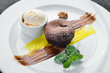 Dessert. Chocolate Fondant with ice cream. Top view. Free space for your text.