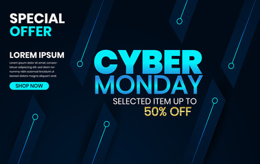 Sale banner template design with blue light effect on dark background, Cyber Monday special offer sale up to 50% off.