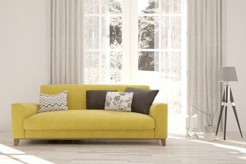 Stylish room in white color with yellow sofa. Scandinavian interior design. 3D illustration