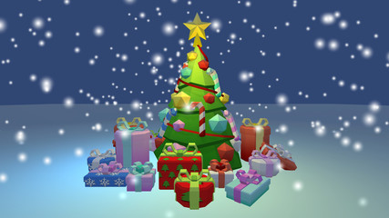 Christmas Scene in 3D, blue light, gifts, snowflakes, low poly