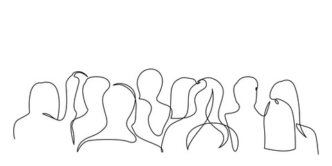 Continuous one line silhouette of a crowd of people back view. Vector illustration.