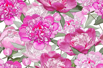 Beautiful floral seamless pattern with pink flowers peonies, green leaves on white background. Hand drawn. For your design, textile, wallpapers, print, greeting. Vector stock illustration.