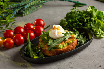 bruschetta salmon with avocado - salted salmon with guacamole, arugula and poached egg on a warm fried bun