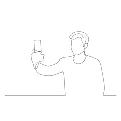 Continuous one line man taking selfie using smartphone. Vector illustration.
