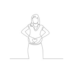 Continuous one line pregnant woman show a heart sign with her hands on her stomach. Vector illustration.