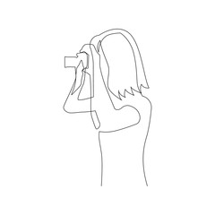 Continuous one line woman takes pictures on camera. Side view. Vector illustration.