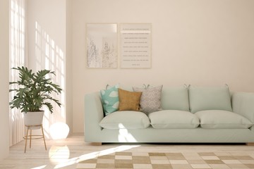 Stylish room in white color with sofa. Scandinavian interior design. 3D illustration