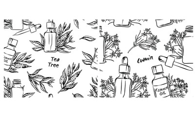 hand-drawn herbs cumin Seamless pattern with bottles with essential oils: essential oil Cosmetic, perfume and therapeutic essential oils, objects on a white background