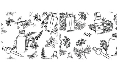  hand-drawn herbs Dill Seamless pattern with bottles with essential oils: essential oil Cosmetic, perfume and therapeutic essential oils, objects on a white background
