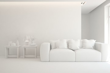 Mock up of stylish room in white color with sofa. Scandinavian interior design. 3D illustration
