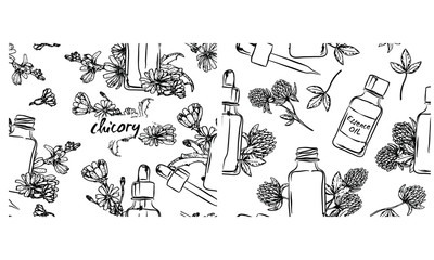 hand drawn black and white bottles of essential oils, Seamless pattern with bottles with essential oils: essential oil Cosmetic, perfume and healing essential oils, objects on a white background
