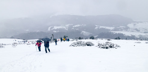 Fototapeta na wymiar Hikers under a heavy snowstorm