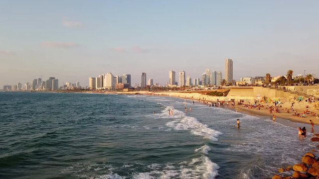 Tel Aviv Yafo beach time lapse from Jaffa beach with view of Tel Aviv skyline