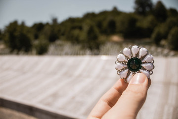  Srebrenica, 7. April 2017. Srebrenica–Potočari Memorial and Cemetery for the Victims of the 1995 Genocide. Bosnian men were executed by the Bosnian Serb Army. Woman hand holding Srebrenica flower.