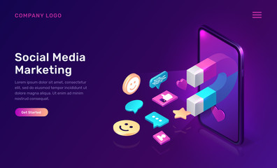 Fototapeta premium Social media marketing, viral mms, vector isometric concept. 3D mobile phone screen with large magnet attracting social media content icons, like and followers, chat messages, ultraviolet app web page