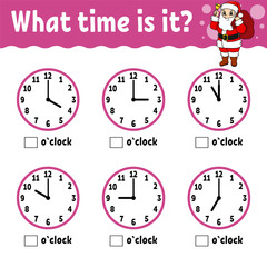 Learning time on the clock. Educational activity worksheet for kids and toddlers. Game for children. Simple flat isolated vector illustration in cute cartoon style.