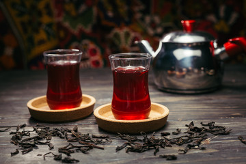 tasty turkish tea on wooden table