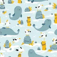 Wall murals Sea waves Seagulls and seals. Vector seamless pattern in hand drawn scandinavian cartoon style. The illustration in a limited palette is ideal for printing on fabric, textiles, wrapping paper for children.