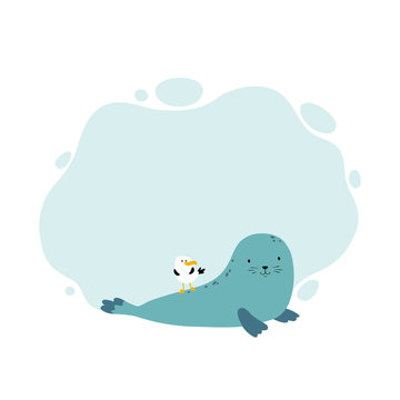 Template with seagull and fur seal. Cute vector childish illustration in simple hand-drawn cartoon scandinavian style. Frame for text or photo.