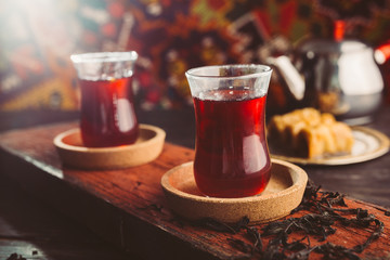 tasty turkish tea on wooden table