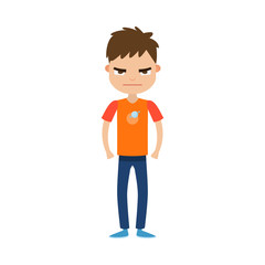 The cute brown-haired boy standing in blue pants with an angry face. Vector illustration in flat cartoon style.
