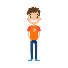 The cute brown-haired boy in blue pants standing with a happy smiling face. Vector illustration in flat cartoon style.