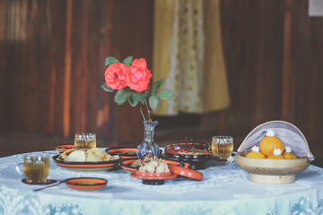 Obraz na płótnie Canvas Ingredients for Myanmar Burmese traditional leaf salad and table set up close up