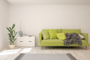 Stylish room in white color with sofa. Scandinavian interior design. 3D illustration
