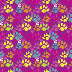 Abstract seamless vector pattern for girls, boys, clothes. Creative background with animal footprint, geometric figures Funny wallpaper for textile and fabric. Fashion style. Colorful bright