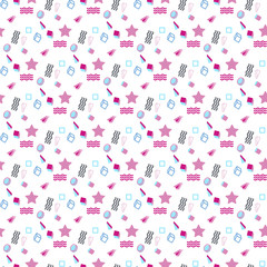 Abstract seamless vector Memphis pattern for girls, boys, clothes. Creative background with dots, geometric figures Funny wallpaper for textile and fabric. Hipster Fashion style. Colorful bright